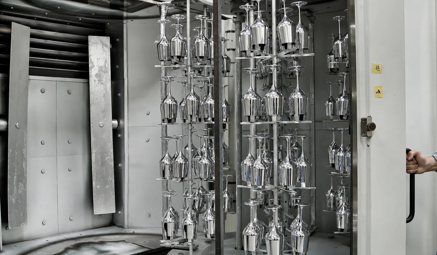 Secondary processing line for vacuum plating and laser engraving of molded parts